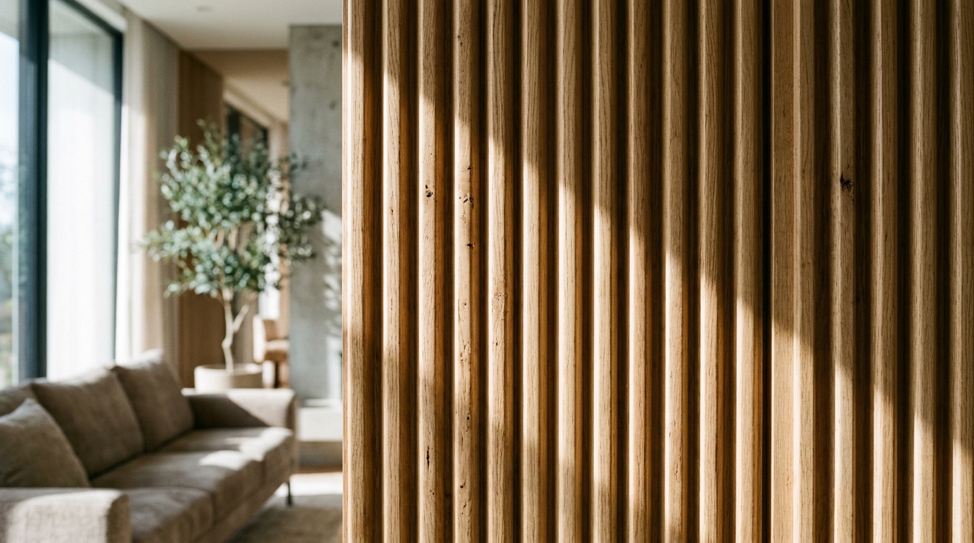 Detail of a fluted white oak privacy screen reflecting soft afternoon sunlight on a high-end city balcony.