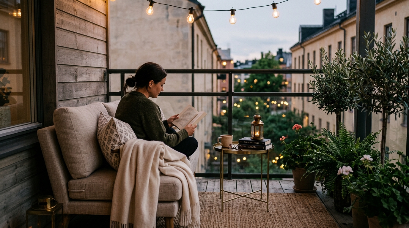 A cozy reading corner on a balcony featuring a weather-resistant linen armchair and a high-CRI adjustable reading lamp.