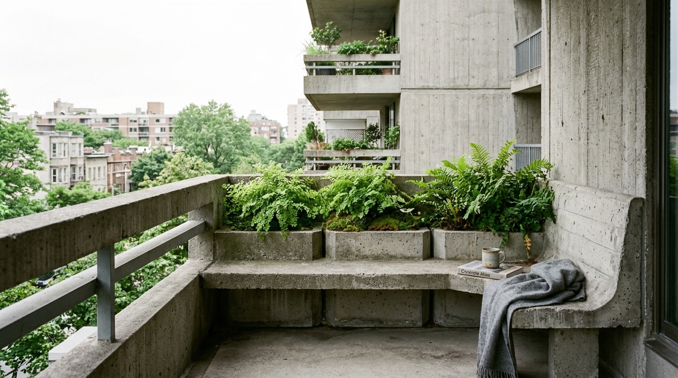 Modernist balcony layout with integrated concrete planters and a built-in bench to maximize floor space in small footprints.