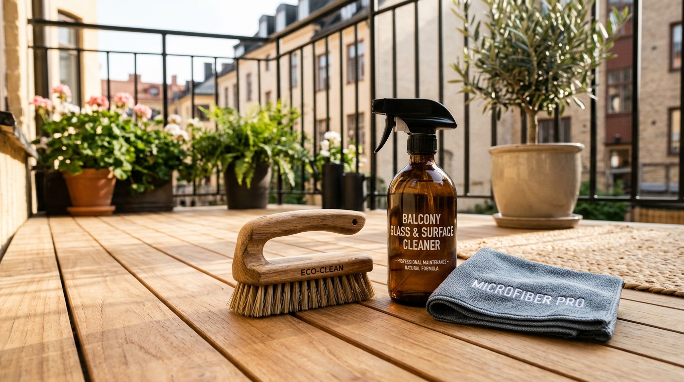 Handheld ergonomic scrubbing tool positioned next to a bottle of eco friendly stone cleaner for balconies on a teak deck.