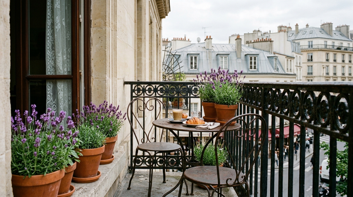 Parisian-inspired balcony with wrought iron railings, lavender boxes, and a tiny bistro set for two.