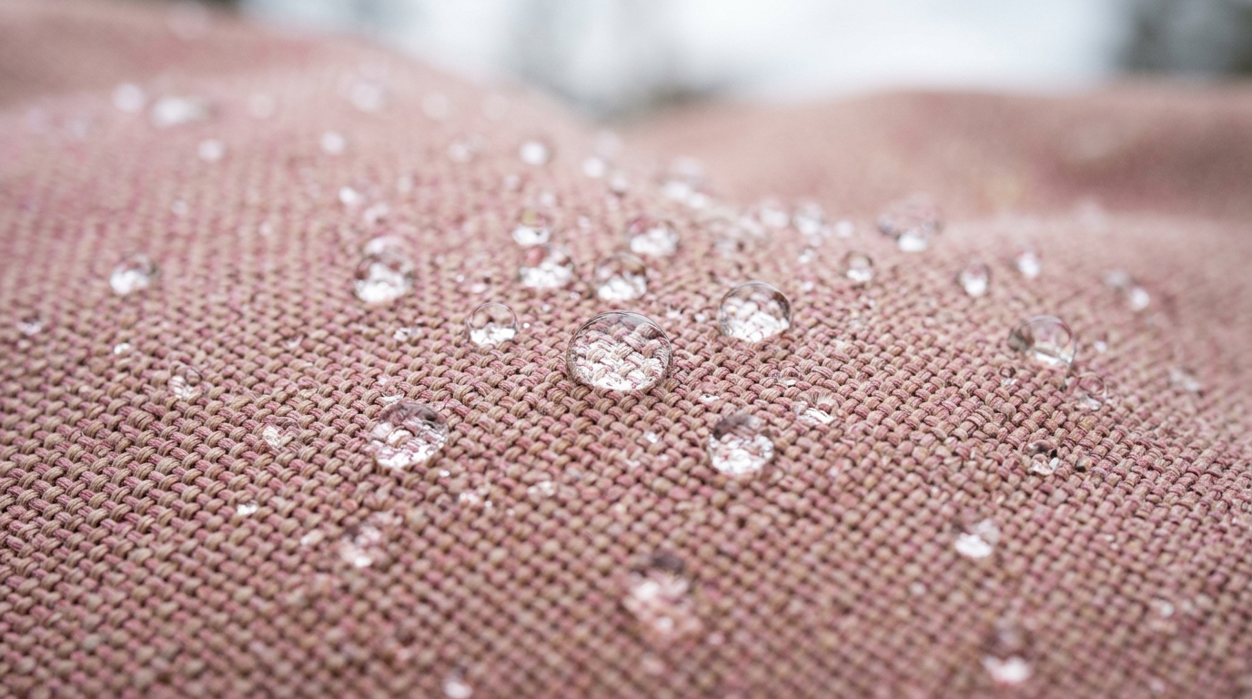Close-up of high-performance outdoor fabric in a muted 'Setting Plaster' pink hue with water-beading technology.