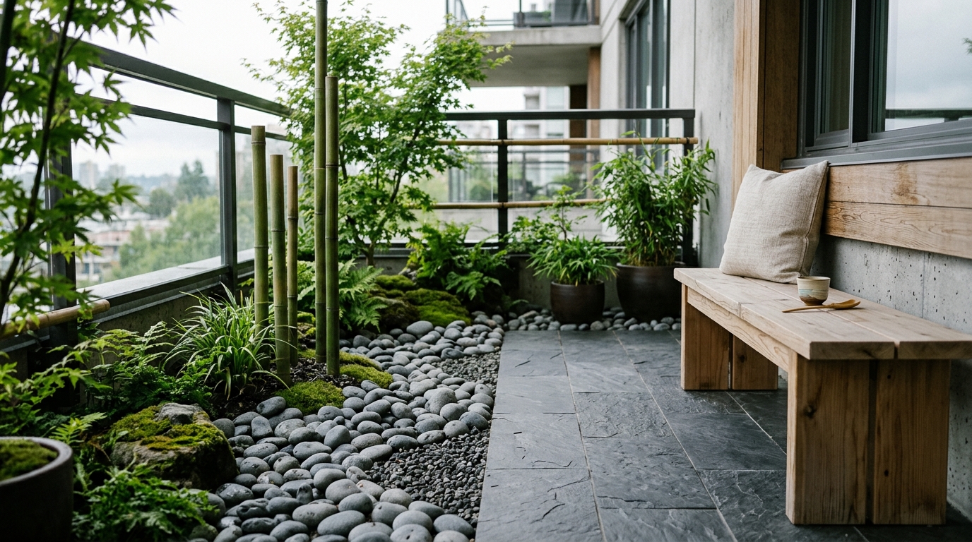 Zen-inspired balcony featuring smooth river stones, a small bamboo water feature, and a moss-free slate pathway.