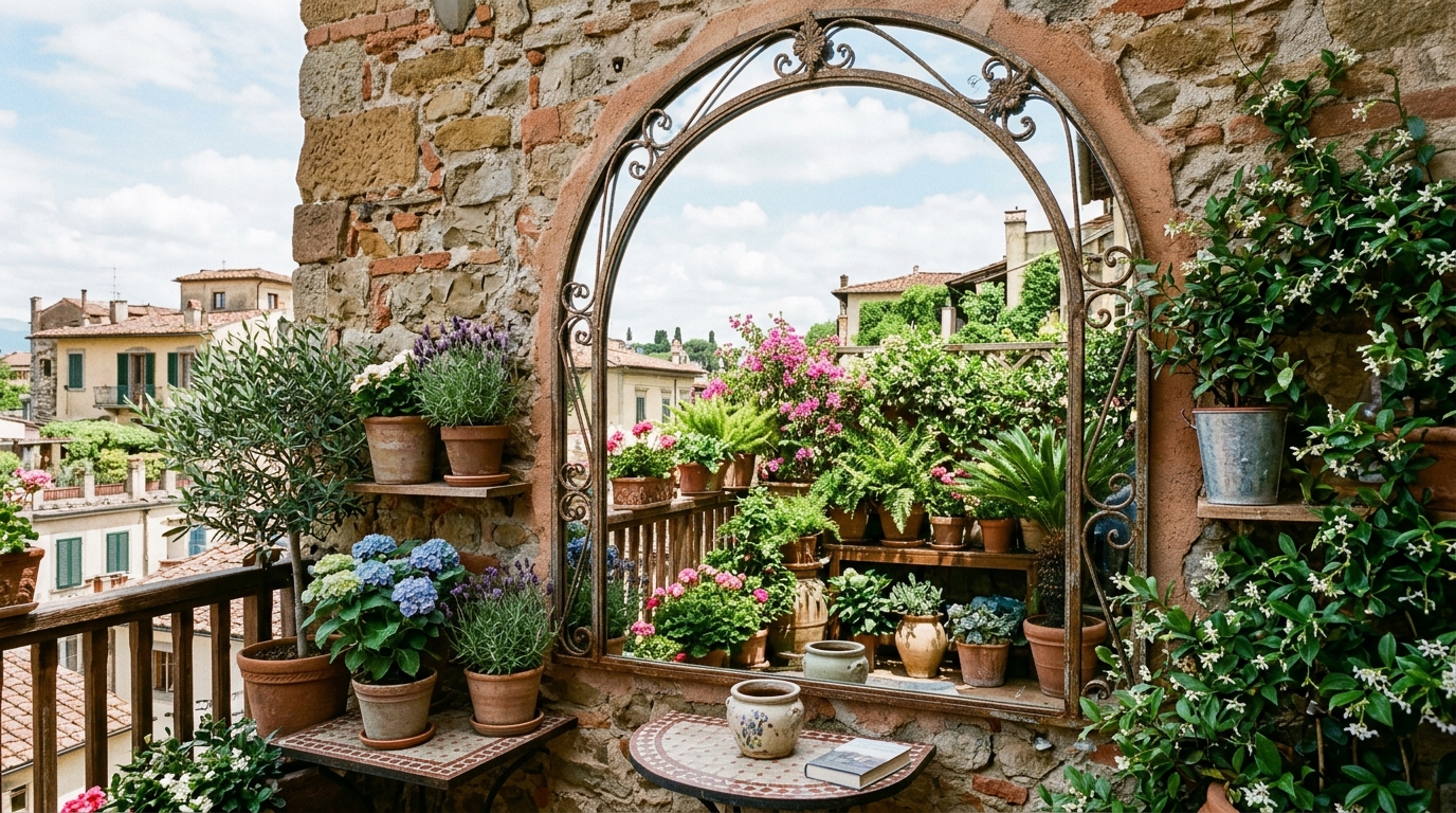 Strategic placement of a large mirror on a balcony wall to create the illusion of a double-sized outdoor garden.