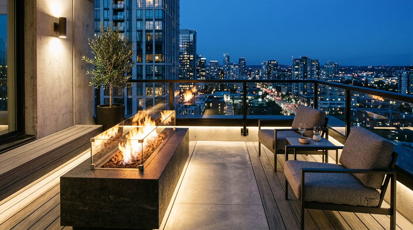 Luxury balcony with a built-in fire pit table and 36-inch primary circulation paths for social urban living.