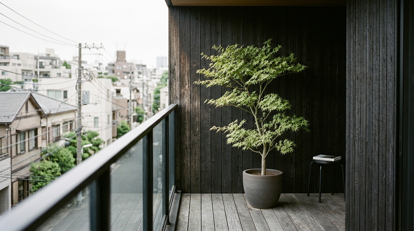 A minimalist balcony in Tokyo featuring dark wood slats and a single architectural bonsai tree for focused biophilic design.