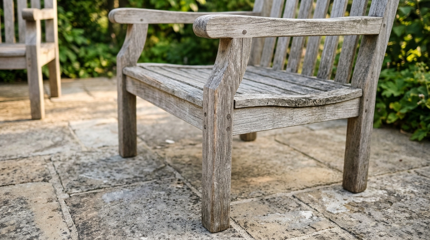 Weathered teak flooring showing the beautiful silver patina after a successful seasonal outdoor patio maintenance session.