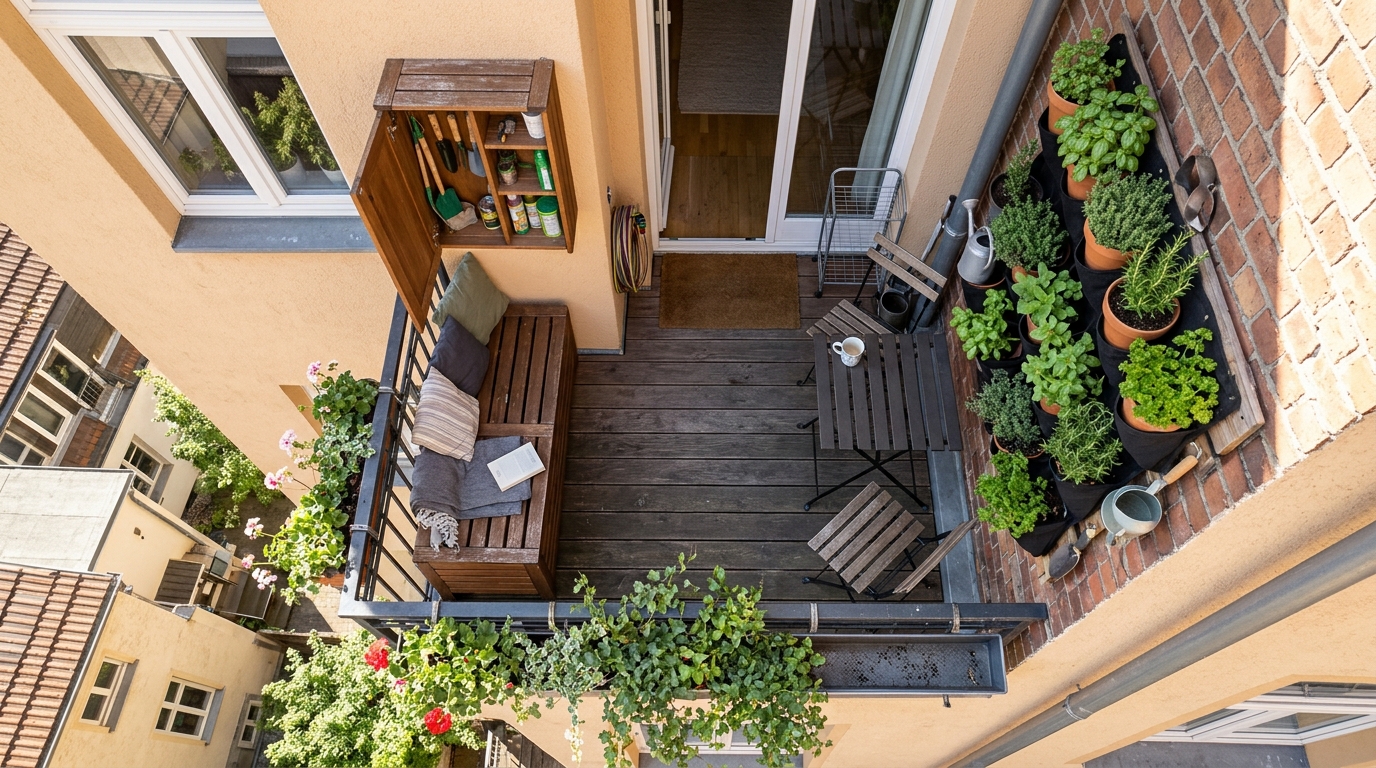 Top-down architectural perspective of a narrow balcony optimized with small balcony seating ideas and a folding table.