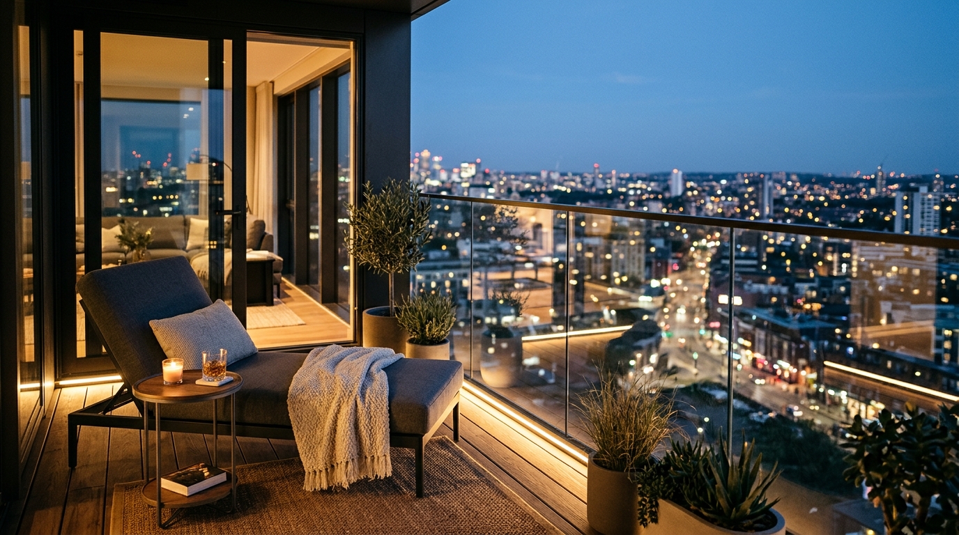 A tranquil evening scene on a balcony with 2700K warm ambient lighting and a clear view of the city skyline.