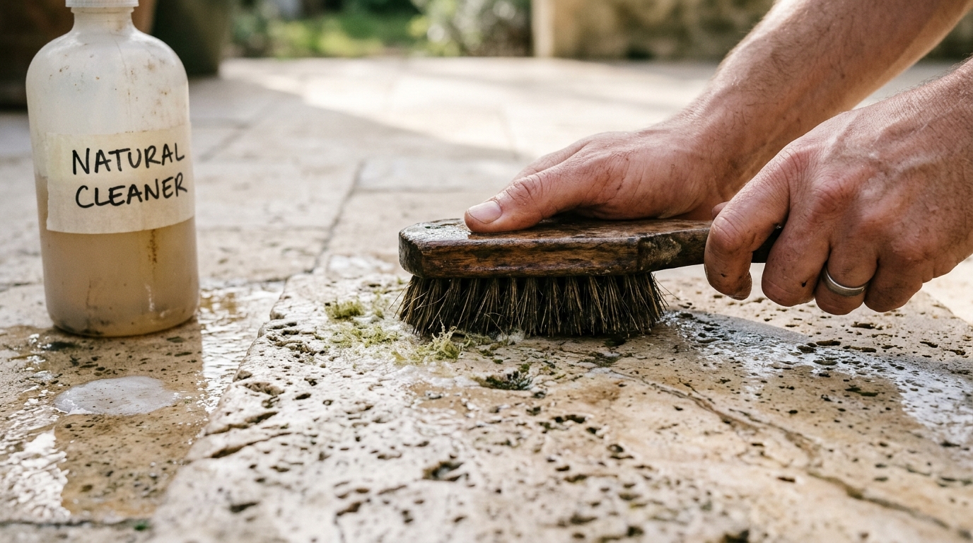Close-up of a designer's hand using a natural stone cleaner on honed travertine tiles to demonstrate eco-friendly maintenance.
