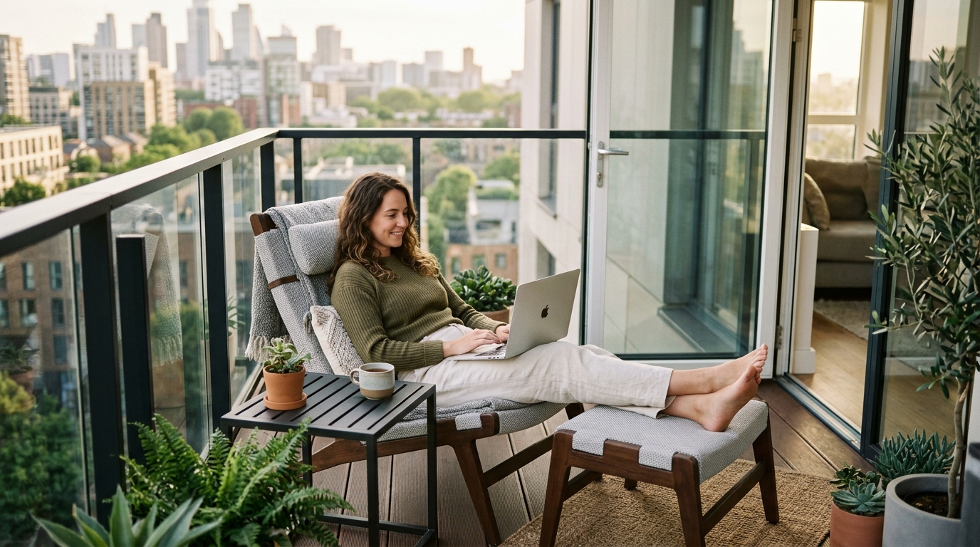 An ergonomic lounge chair on a pristine balcony, featuring a cozy outdoor rug and a small side table for an evening retreat.
