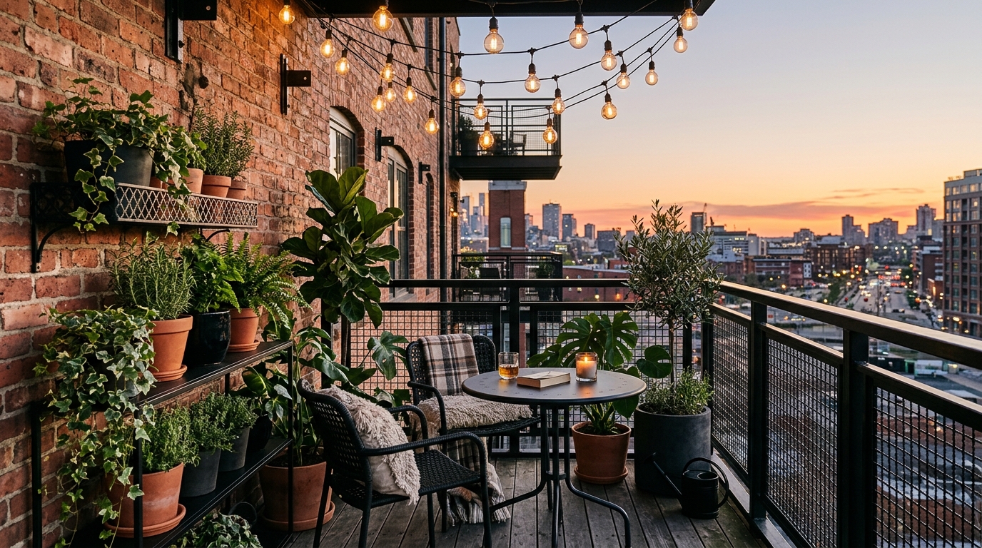 Industrial-style balcony with exposed brick, warm string lights, and oversized terracotta planters creating a lush sanctuary.