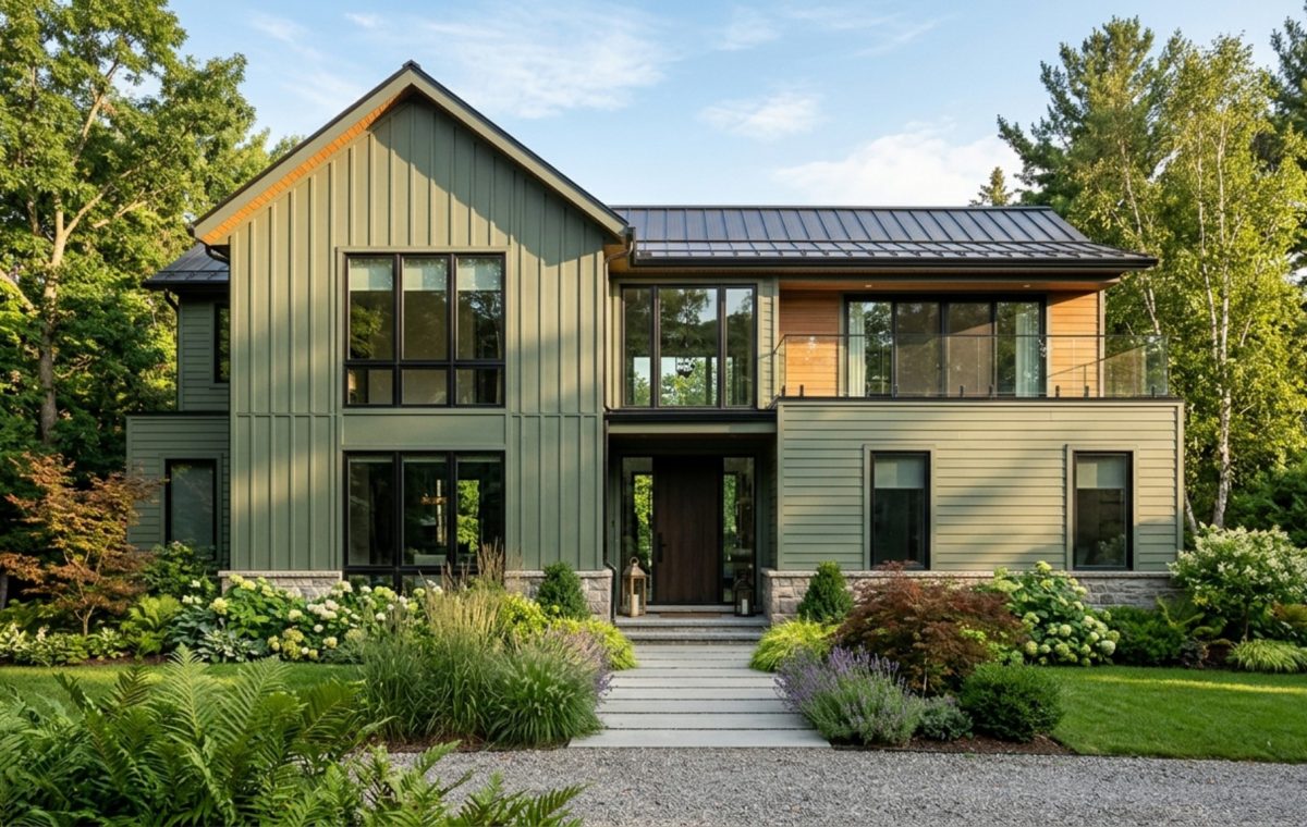 A wide-angle architectural shot of a modern home with matte-finished vinyl siding in Sherwin-Williams Rosemary green, showcasing a velvet-like texture under soft morning light.