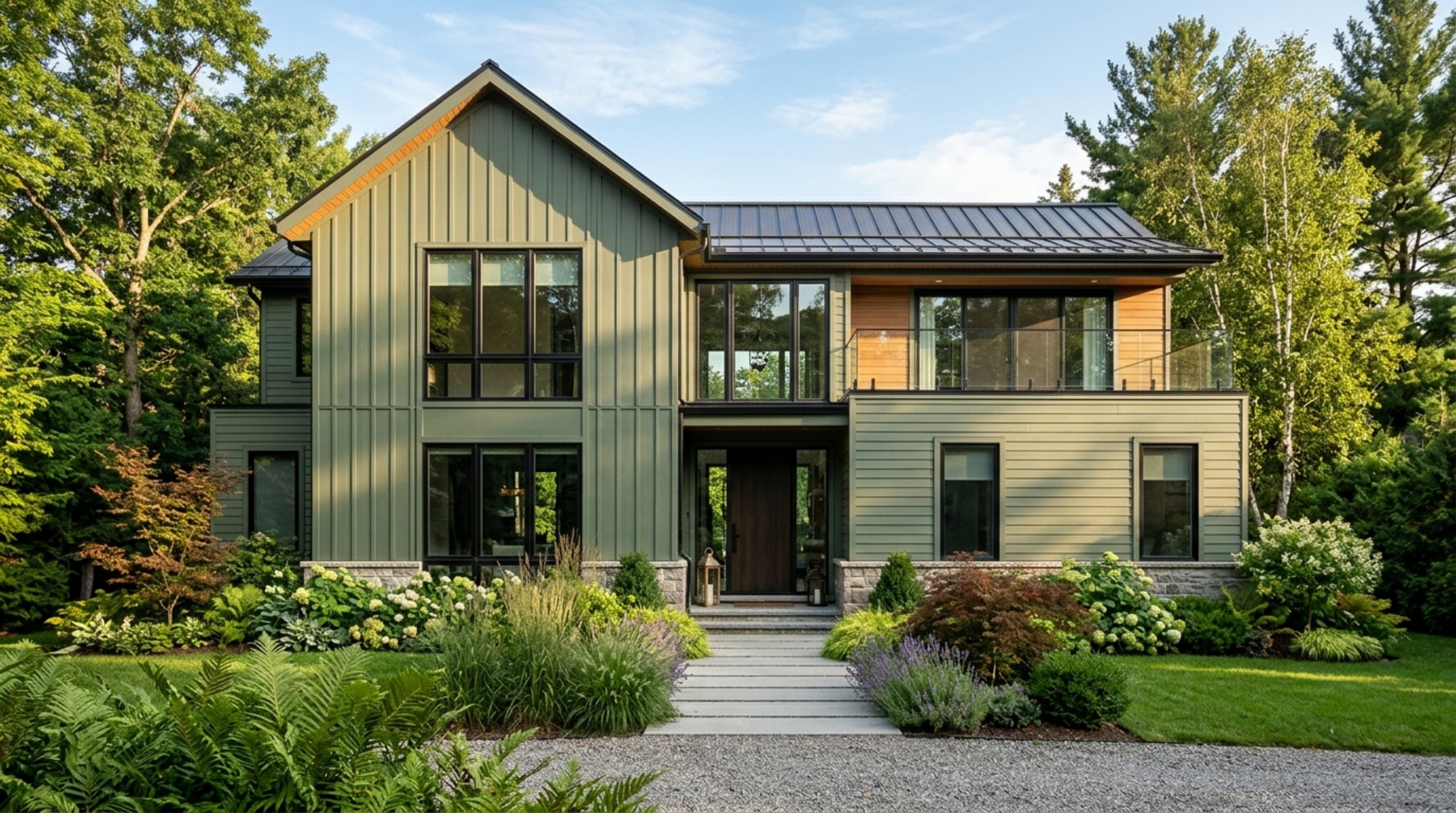 A wide-angle architectural shot of a modern home with matte-finished vinyl siding in Sherwin-Williams Rosemary green, showcasing a velvet-like texture under soft morning light. A wide-angle architectural shot of a modern home with matte-finished vinyl siding in Sherwin-Williams Rosemary green, showcasing a velvet-like texture under soft morning light.