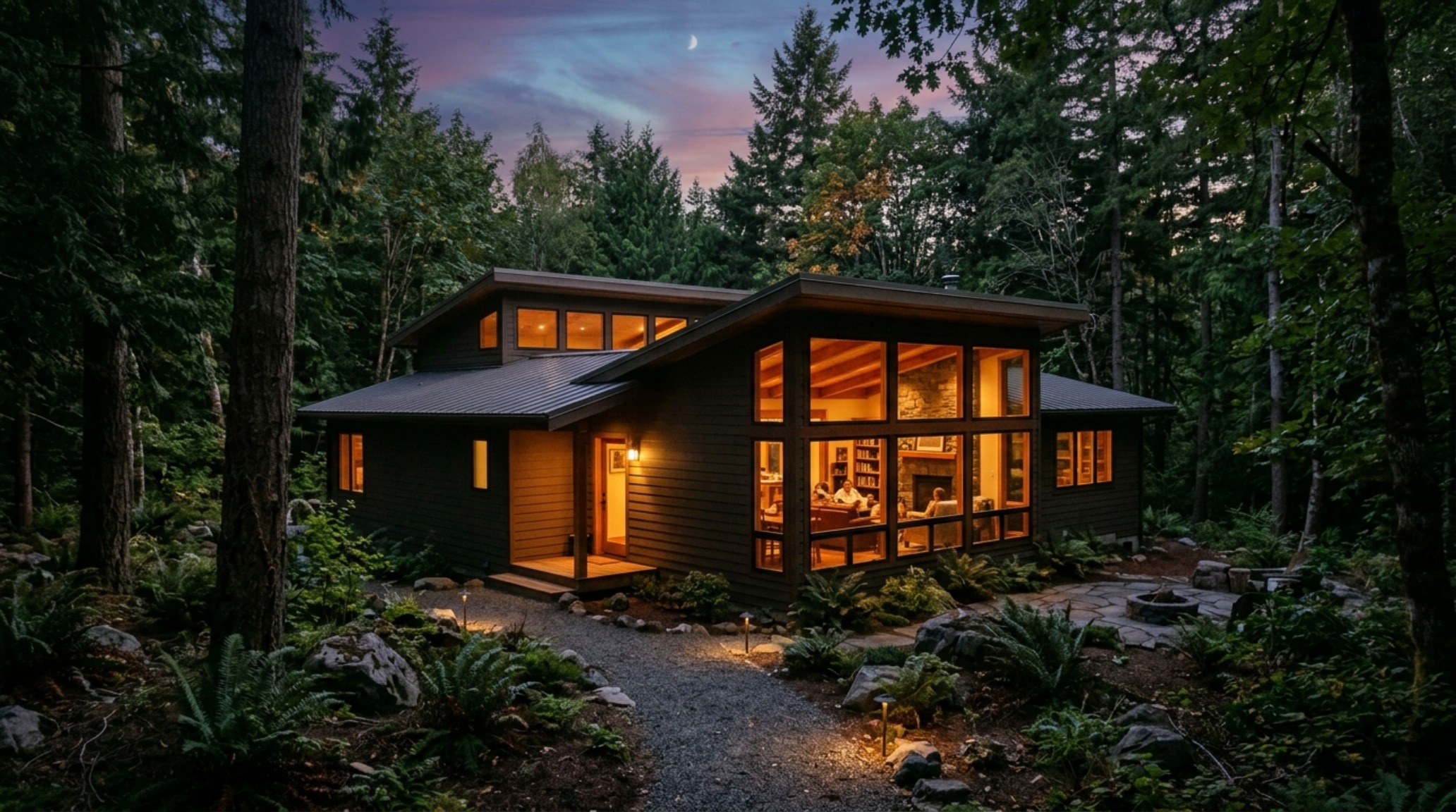 An evocative dusk scene where the warm glow of interior 2700K lighting spills onto a matte-painted exterior, blurring the line between indoor and outdoor living. An evocative dusk scene where the warm glow of interior 2700K lighting spills onto a matte-painted exterior, blurring the line between indoor and outdoor living.