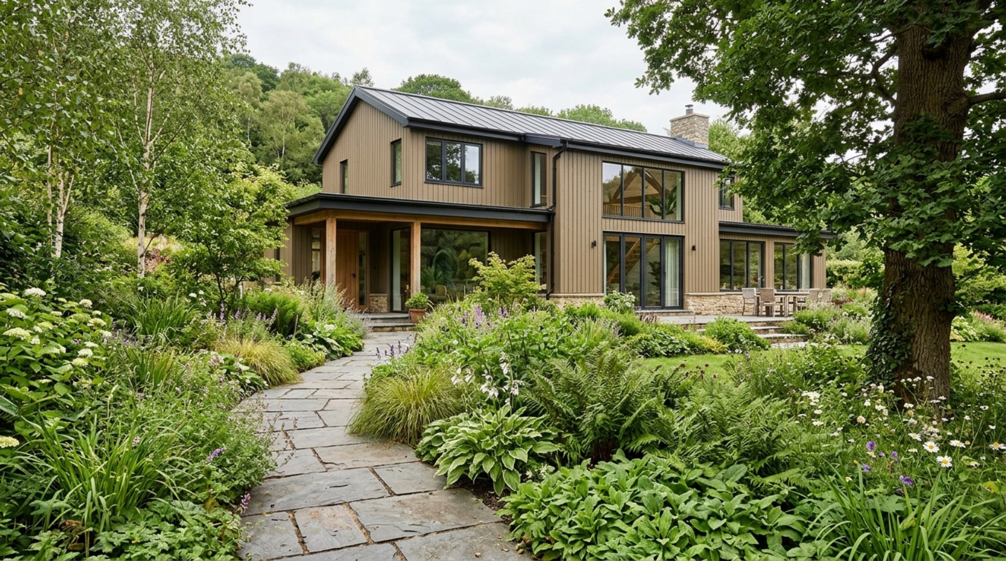 An editorial view of a home's exterior where biophilic paint colors like Farrow & Ball's Mouse's Back blend the structure into lush garden landscaping with 36-inch slate walkways. An editorial view of a home's exterior where biophilic paint colors like Farrow & Ball's Mouse's Back blend the structure into lush garden landscaping with 36-inch slate walkways.