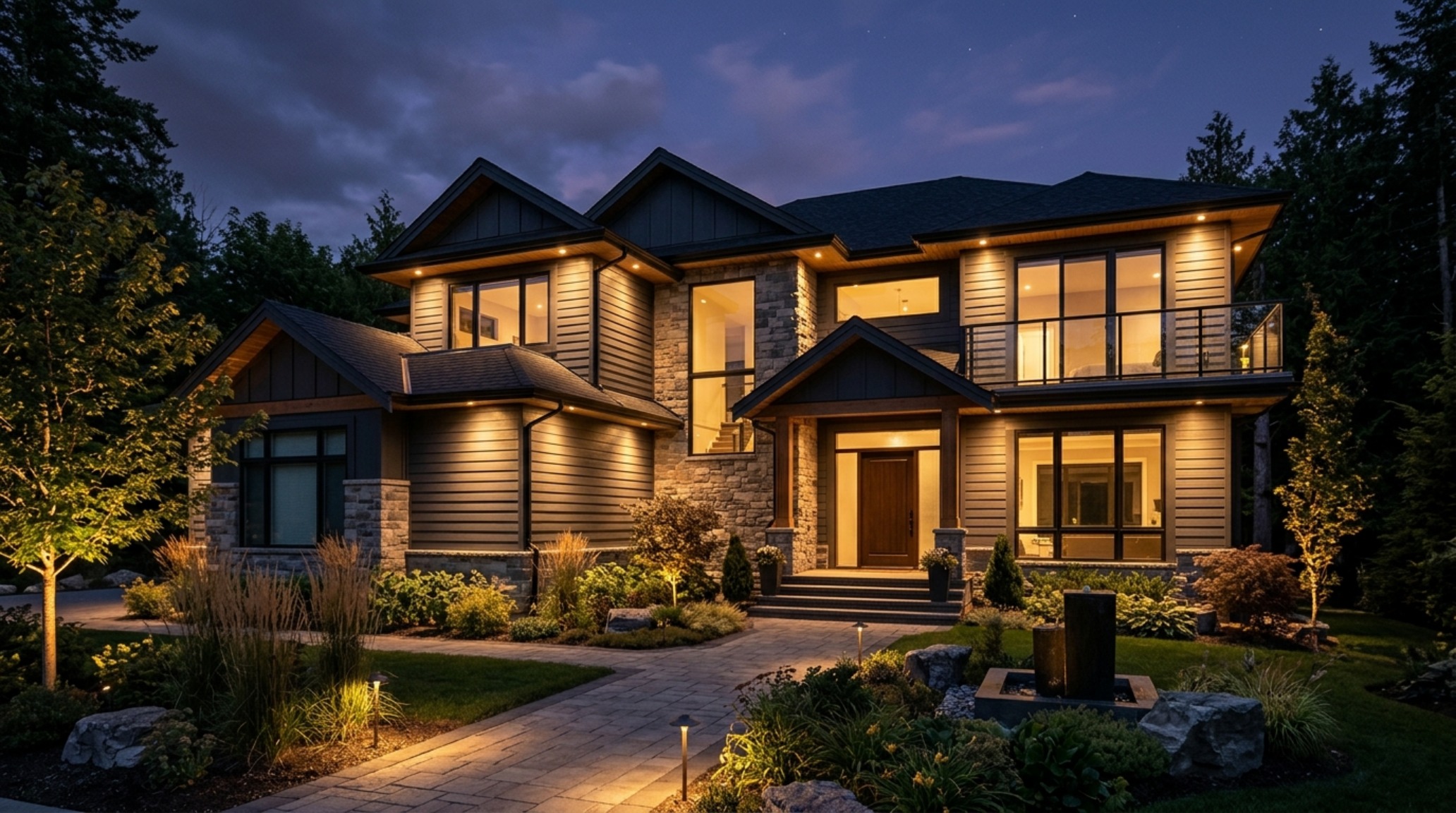 Atmospheric evening photography of a house featuring 2700K warm moonlighting that washes over matte-painted siding, creating an upscale resort-style ambiance. Atmospheric evening photography of a house featuring 2700K warm moonlighting that washes over matte-painted siding, creating an upscale resort-style ambiance.