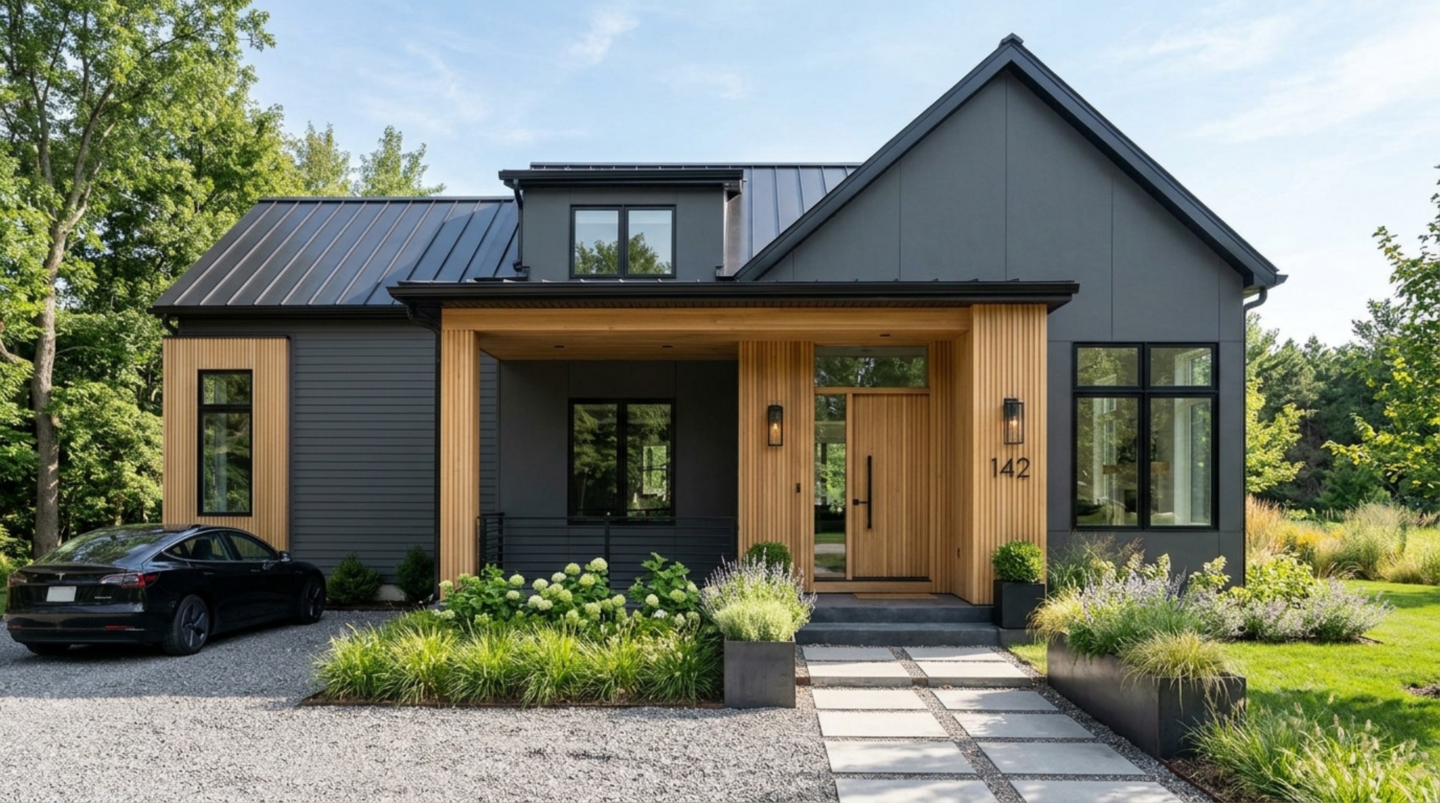A modern farmhouse makeover showcasing vinyl siding painted in Benjamin Moore Iron Mountain, accented by natural fluted white oak porch columns and black steel windows. A modern farmhouse makeover showcasing vinyl siding painted in Benjamin Moore Iron Mountain, accented by natural fluted white oak porch columns and black steel windows.