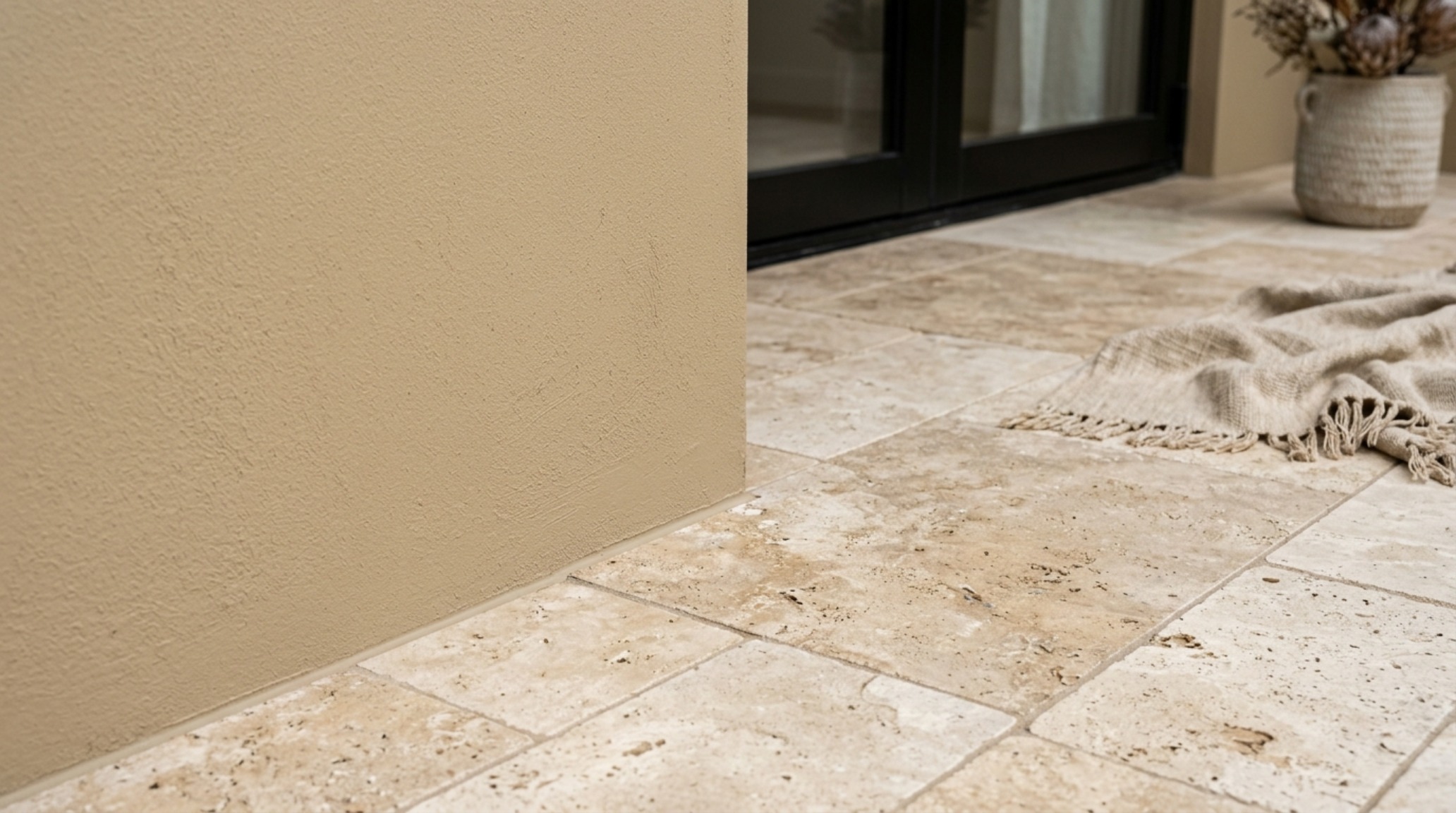 Close-up of exterior materiality: honed travertine stairs meeting a matte-painted vinyl facade, emphasizing the tactile harmony between synthetic and natural elements. Close-up of exterior materiality: honed travertine stairs meeting a matte-painted vinyl facade, emphasizing the tactile harmony between synthetic and natural elements.