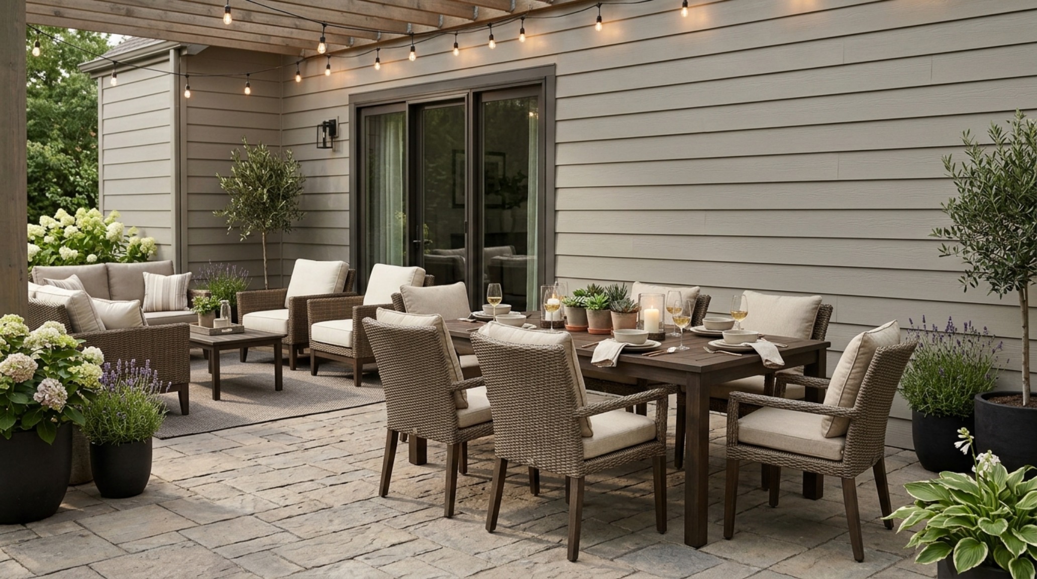 Strategic curb appeal renovation featuring a tonal palette of muddy earth tones on vinyl siding, perfectly aligned with a minimalist 18-inch reach coffee table on the patio. Strategic curb appeal renovation featuring a tonal palette of muddy earth tones on vinyl siding, perfectly aligned with a minimalist 18-inch reach coffee table on the patio.