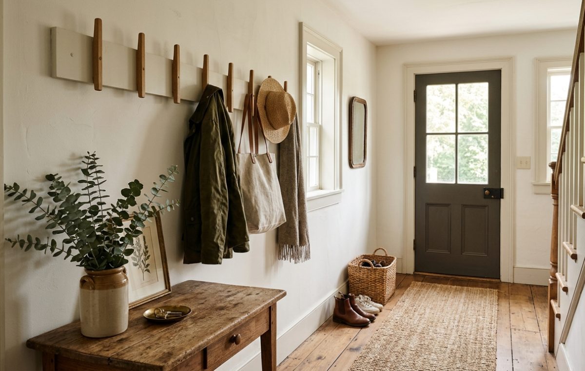Narrow entryway ideas featuring vertical Shaker-style wall hooks and Benjamin Moore White Dove walls for maximum light reflection and spatial expansion.