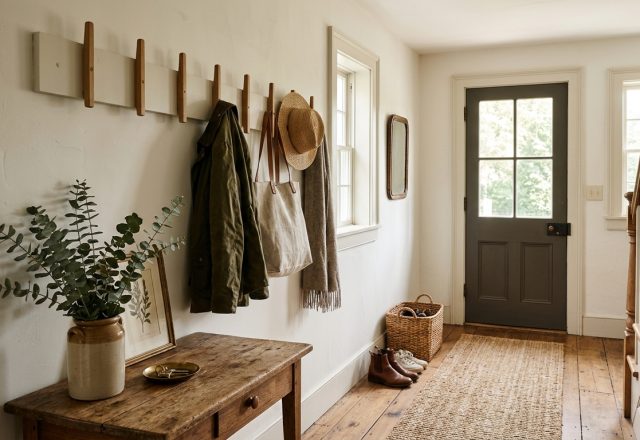 Narrow entryway ideas featuring vertical Shaker-style wall hooks and Benjamin Moore White Dove walls for maximum light reflection and spatial expansion.
