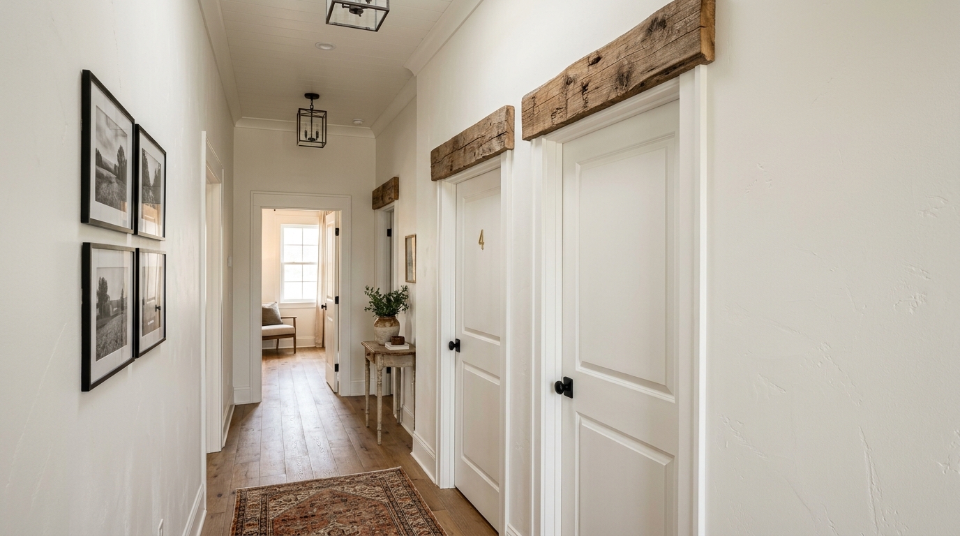View from the front door looking down a narrow hall with reclaimed oak headers above each doorway to provide structural character. View from the front door looking down a narrow hall with reclaimed oak headers above each doorway to provide structural character.
