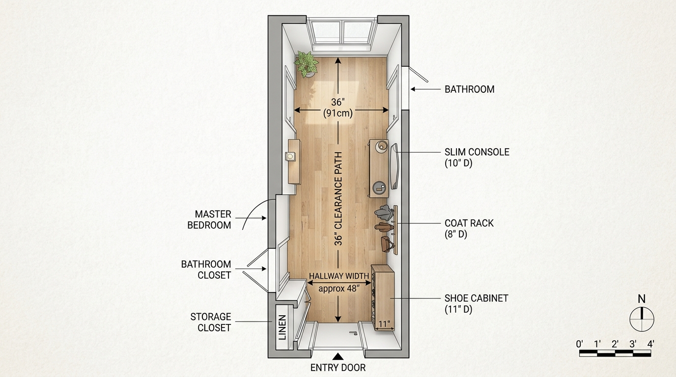 Overhead perspective of an ergonomic hallway layout ensuring a 36-inch path is maintained between the wall and a slim console. Overhead perspective of an ergonomic hallway layout ensuring a 36-inch path is maintained between the wall and a slim console.