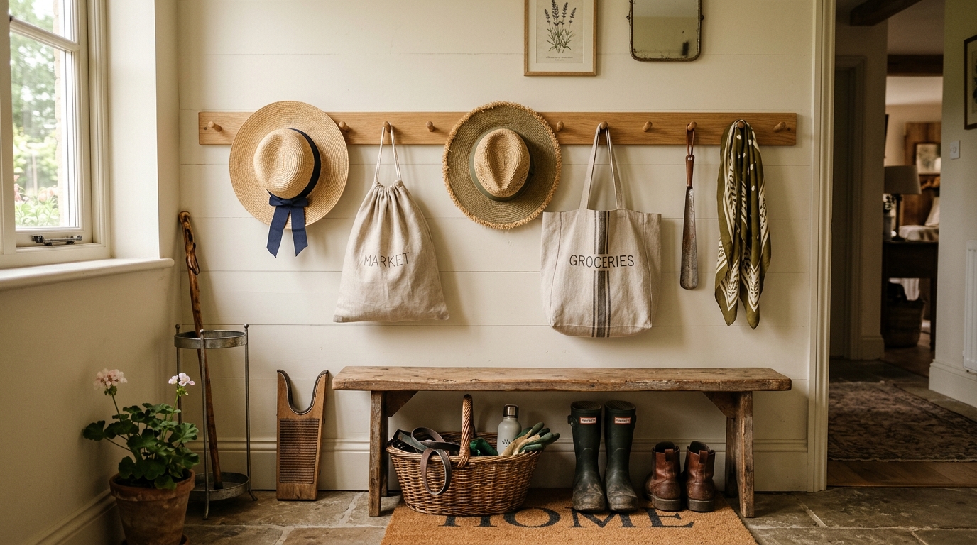 Row of identical linen tote bags hanging from Shaker pegs, demonstrating organized and aesthetic vertical storage in a small space. Row of identical linen tote bags hanging from Shaker pegs, demonstrating organized and aesthetic vertical storage in a small space.