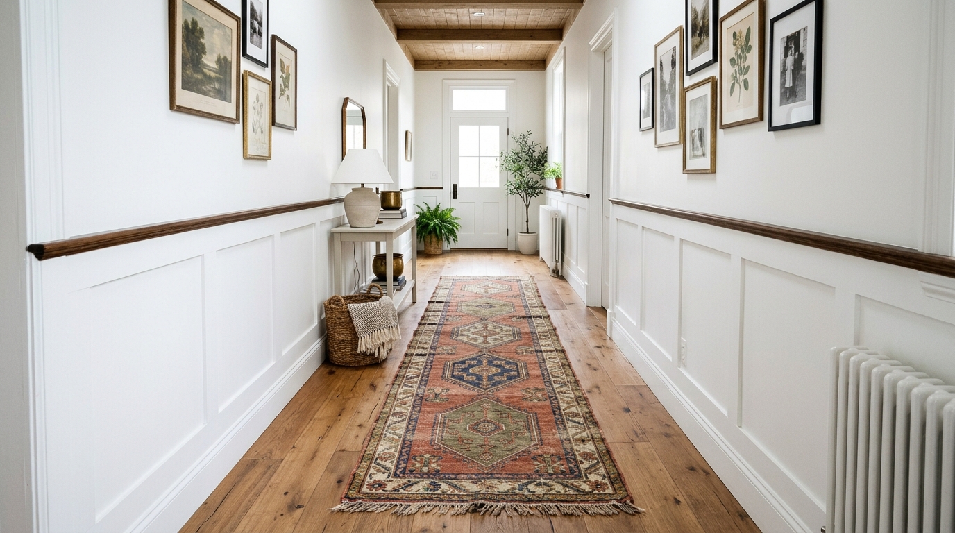 Close-up of a vintage Turkish kilim runner rug in muted earth tones, adding heritage and color to a neutral farmhouse hallway. Close-up of a vintage Turkish kilim runner rug in muted earth tones, adding heritage and color to a neutral farmhouse hallway.