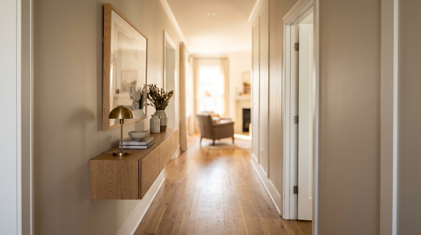 Architectural view of a slim foyer with 36-inch walkway clearance and a 10-inch deep reclaimed oak console table creating a clear sightline. Architectural view of a slim foyer with 36-inch walkway clearance and a 10-inch deep reclaimed oak console table creating a clear sightline.