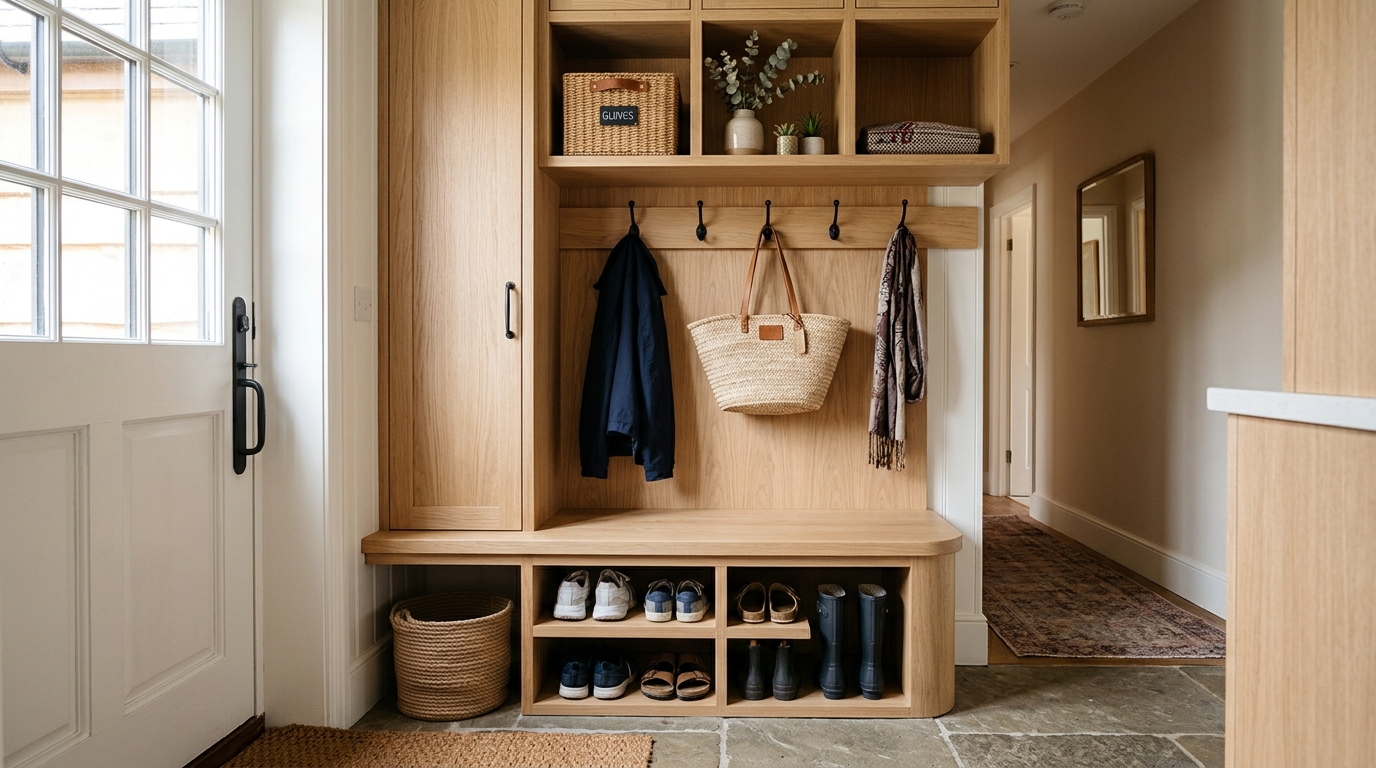 Integrated mudroom niche in a narrow corridor with a custom built-in bench and overhead oak cubbies for maximum functionality. Integrated mudroom niche in a narrow corridor with a custom built-in bench and overhead oak cubbies for maximum functionality.