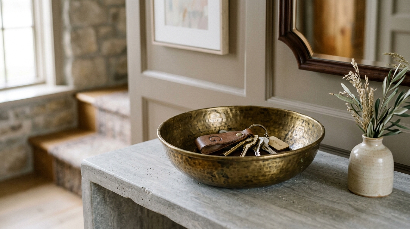 Soft-focus background of a sun-drenched hallway with a focus on a brass key bowl on a slim-profile stone console. Soft-focus background of a sun-drenched hallway with a focus on a brass key bowl on a slim-profile stone console.