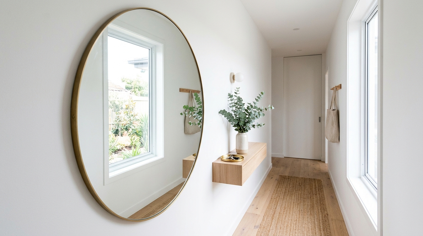 An oversized round mirror reflecting a window to bring the outdoors into a windowless narrow corridor. An oversized round mirror reflecting a window to bring the outdoors into a windowless narrow corridor.