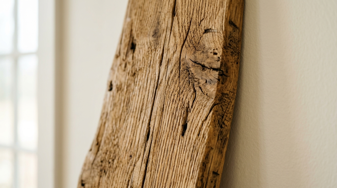 Macro detail of reclaimed oak grain against a matte White Dove wall, showcasing the tactile grounding of the vertical blueprint design. Macro detail of reclaimed oak grain against a matte White Dove wall, showcasing the tactile grounding of the vertical blueprint design.