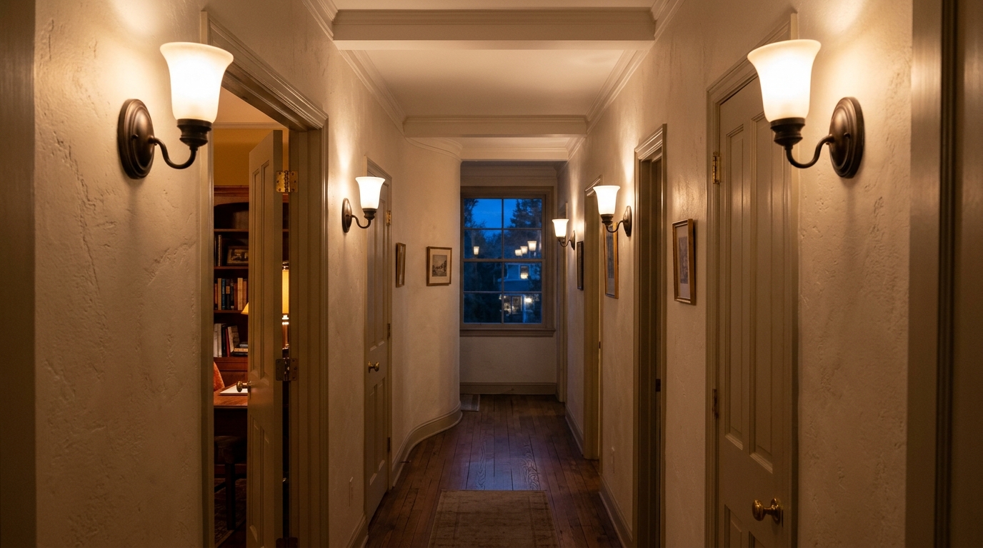 Evening atmospheric lighting in a narrow hallway using 2700K warm sconces to eliminate the tunnel effect and create a cozy farmhouse mood. Evening atmospheric lighting in a narrow hallway using 2700K warm sconces to eliminate the tunnel effect and create a cozy farmhouse mood.