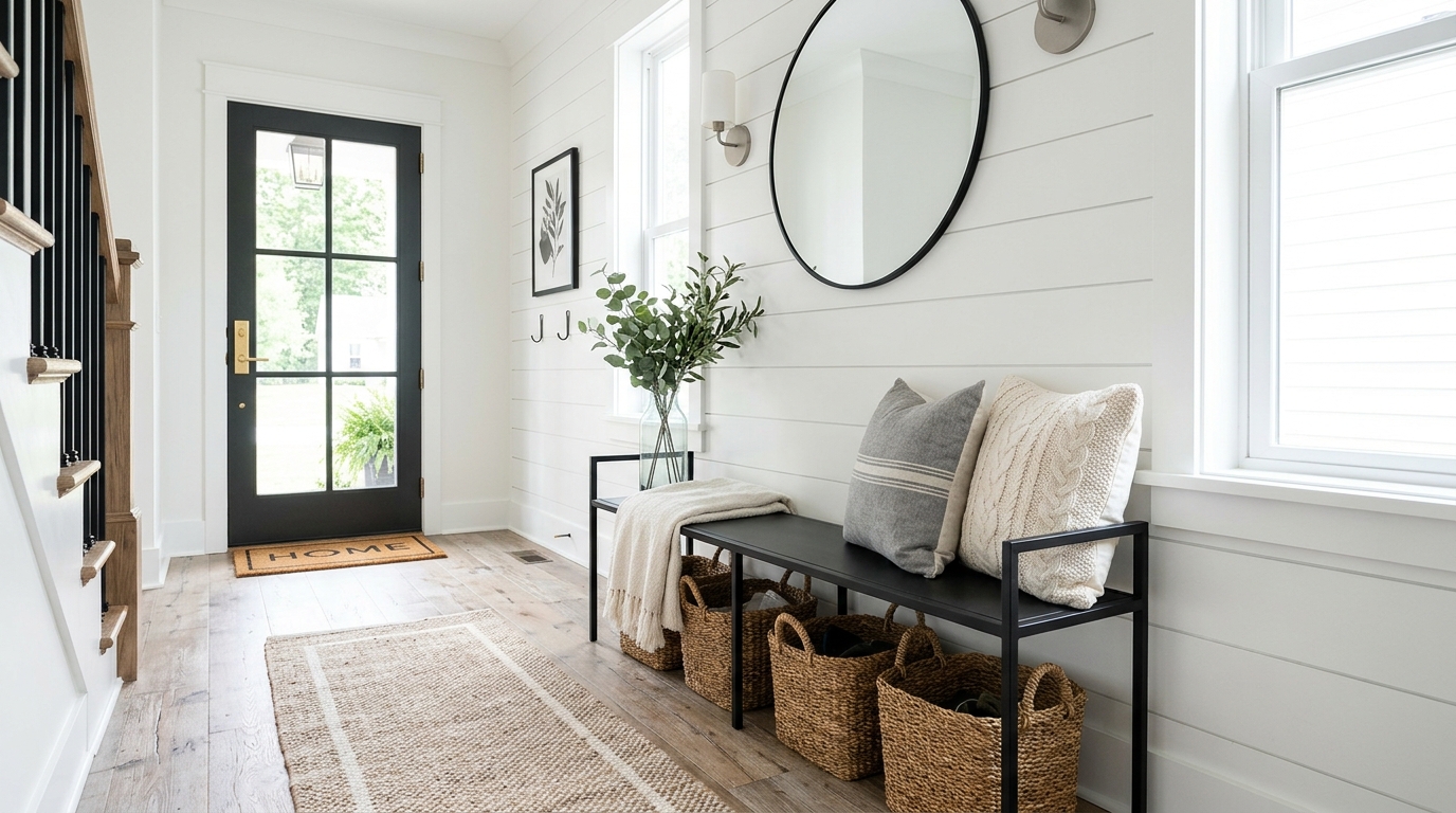 Modern farmhouse apartment entryway with a slim-profile black iron bench and woven seagrass baskets for hidden shoe storage. Modern farmhouse apartment entryway with a slim-profile black iron bench and woven seagrass baskets for hidden shoe storage.