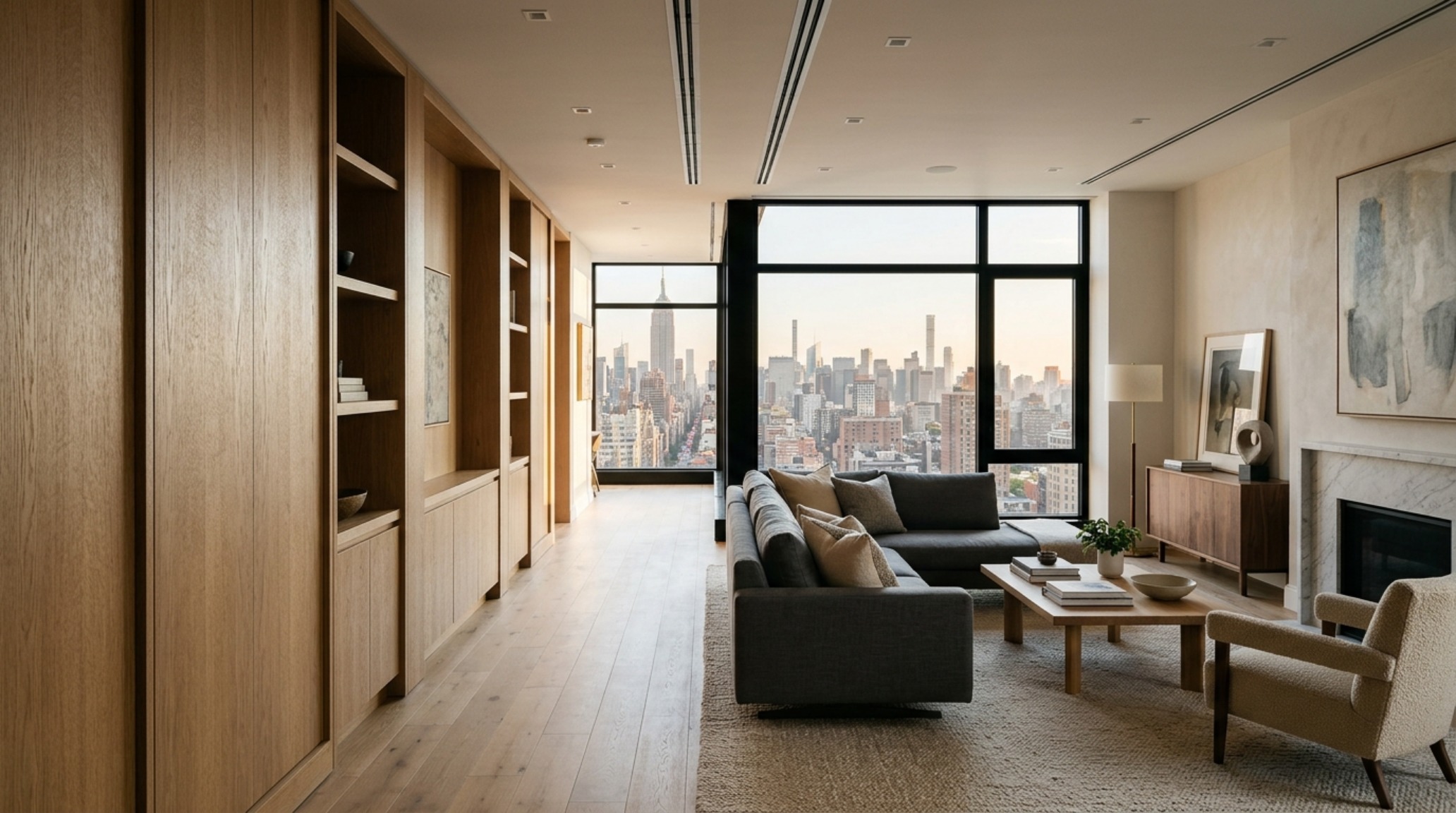 A bright Manhattan family living room featuring floor-to-ceiling white oak millwork and a clear sightline into an adjacent library portal.