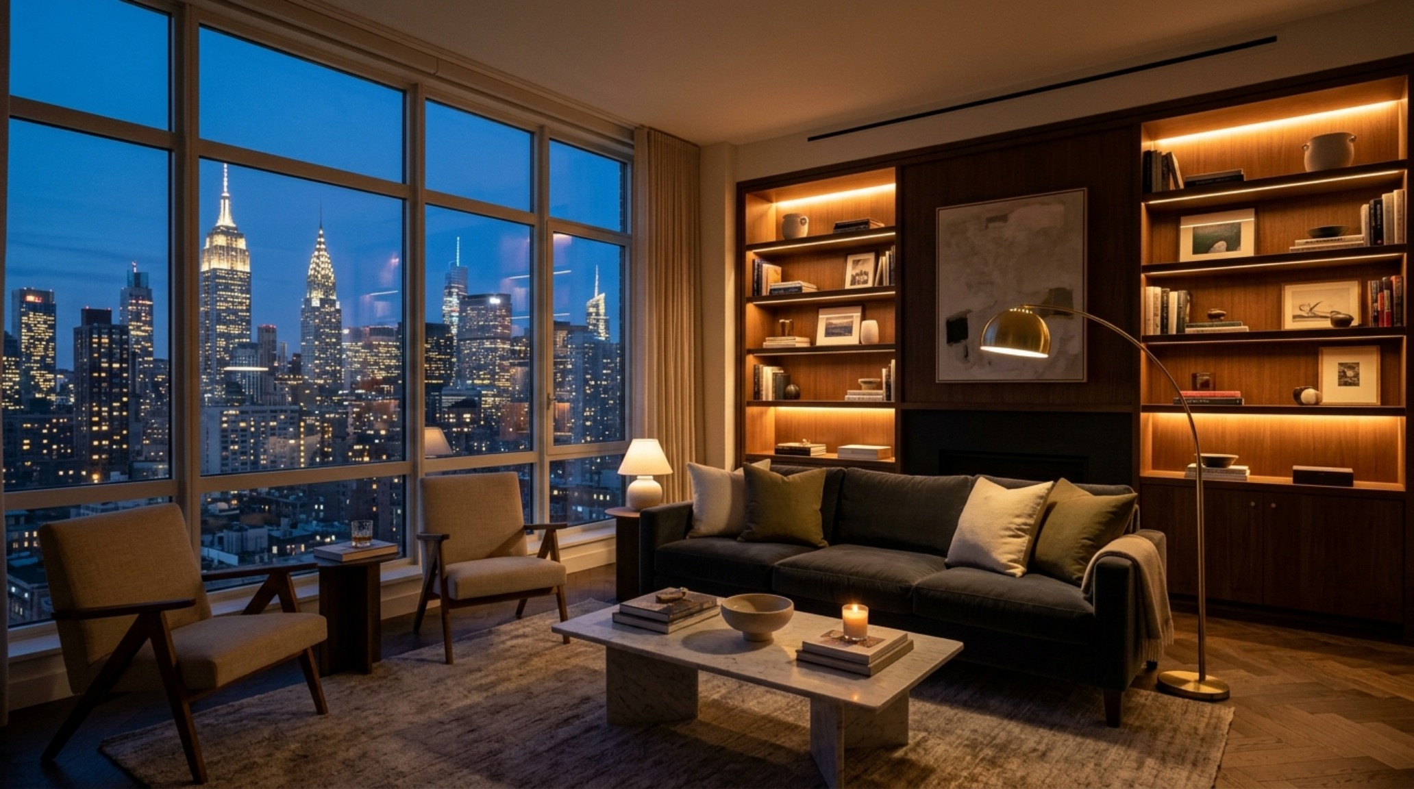 Soft evening lighting in a Manhattan residence with 2700K temperature creating a glow across textured limewash walls.