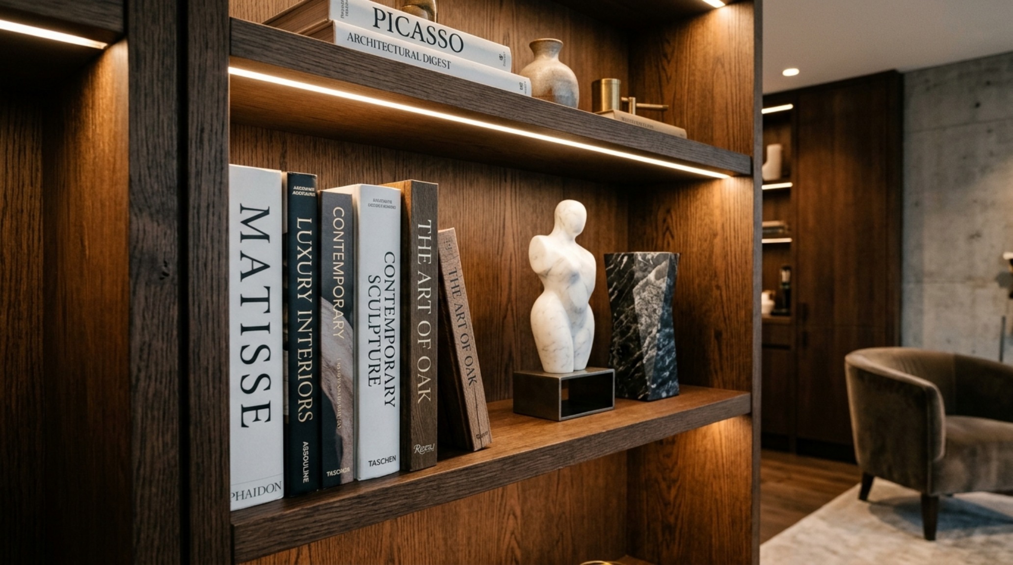 Bespoke custom cabinetry in a Manhattan apartment with integrated warm LED lighting highlighting a collection of sculptural ceramics.