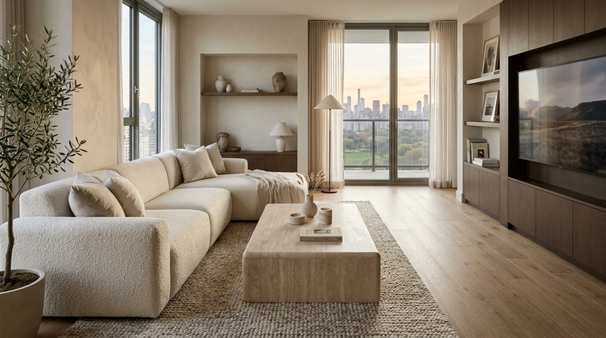 Luxury apartment storage hacks showcased in a modern kitchen with hidden appliances and sleek minimalist paneling.