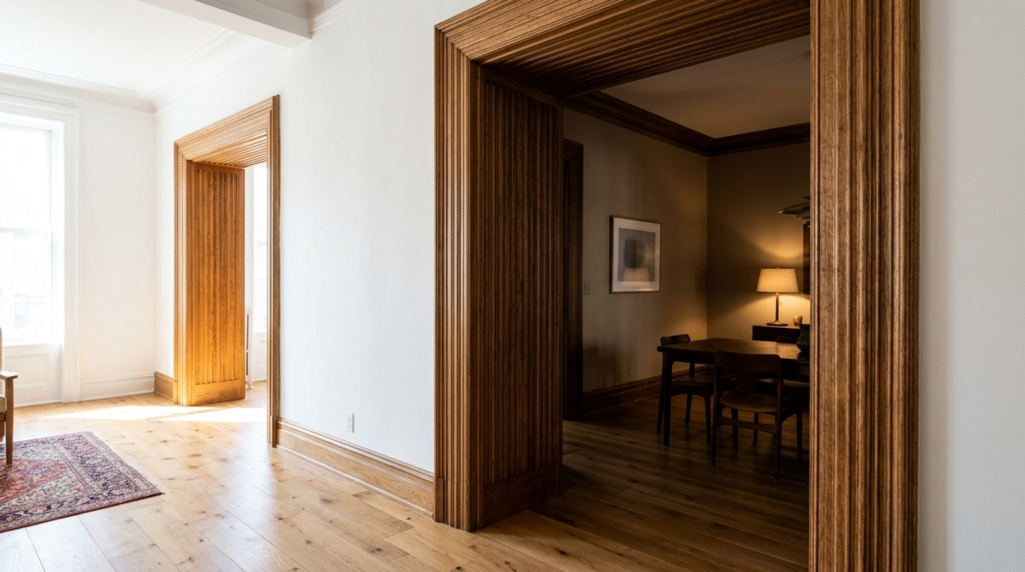 Detail of a portal transition in a fancy Manhattan family apartment tour decor ideas project with fluted wood casing.