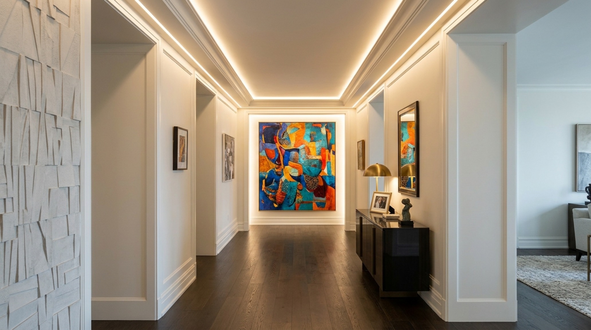High-end apartment renovation showing a minimalist entry gallery with uplighting and a vanishing point sightline.