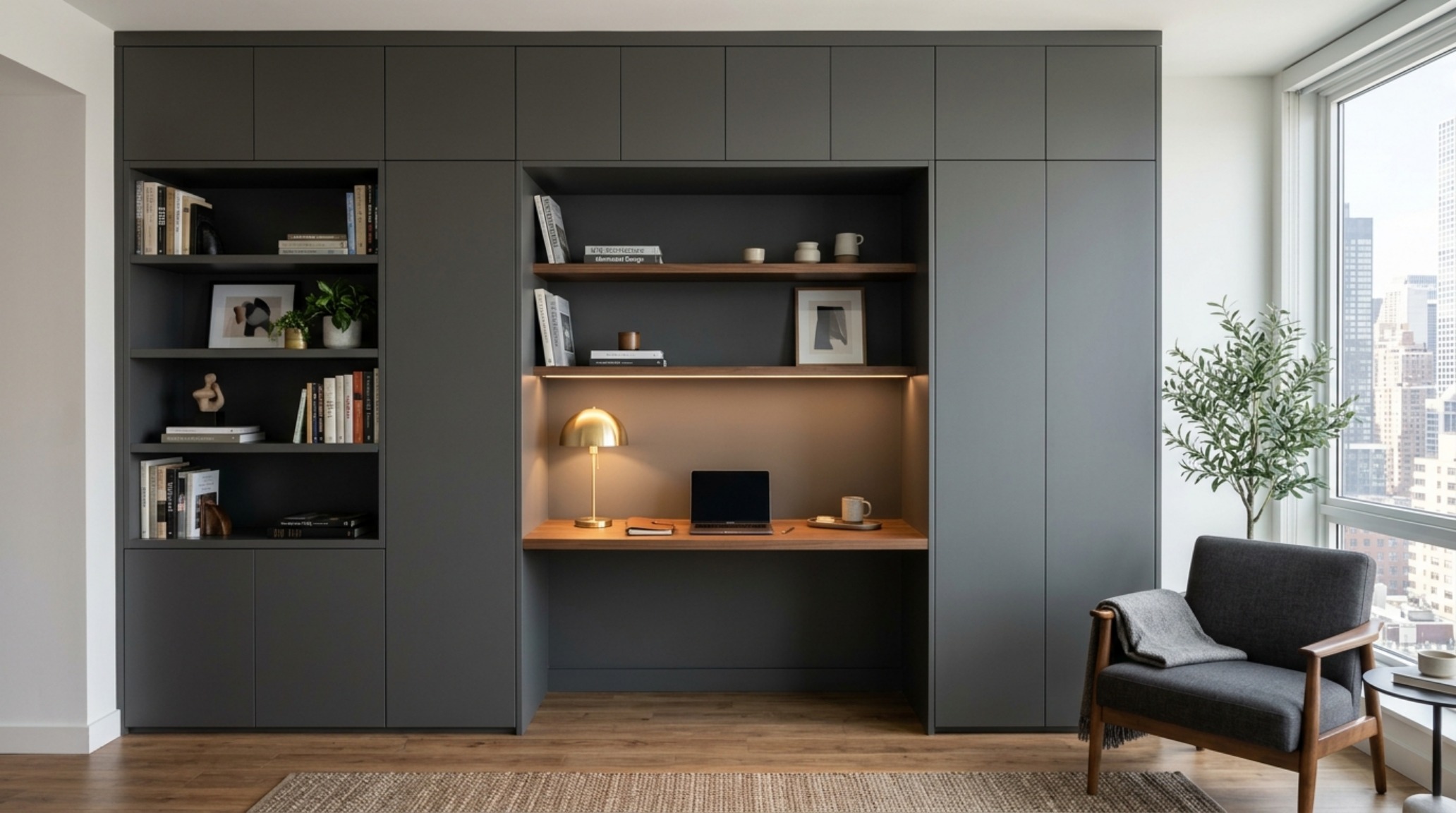 Warm minimalist family apartment dining area with 30-inch chair clearance and a statement pendant light.