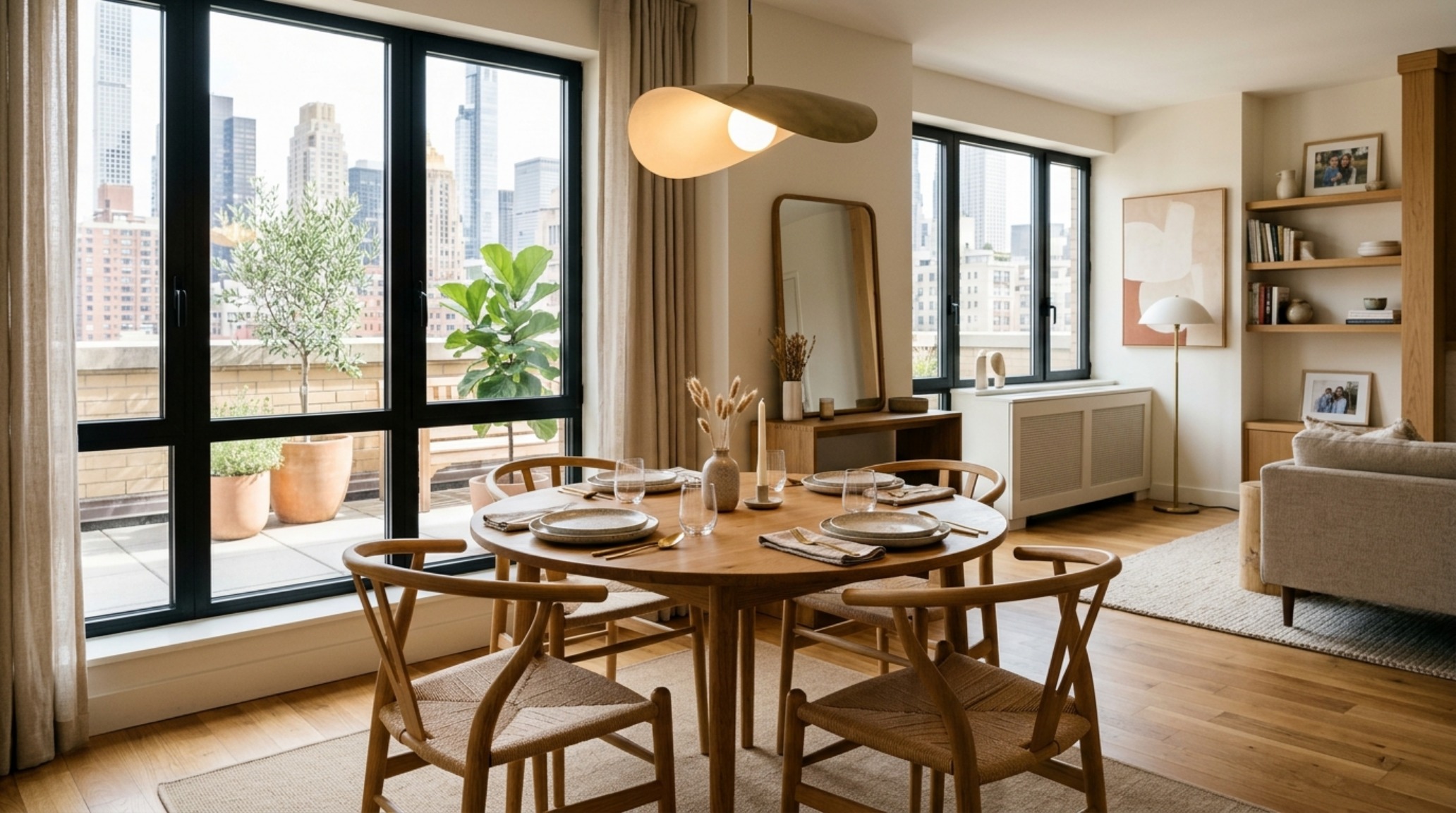 Modern NYC apartment built-in shelving ideas featuring a blend of closed storage and open negative space niches.