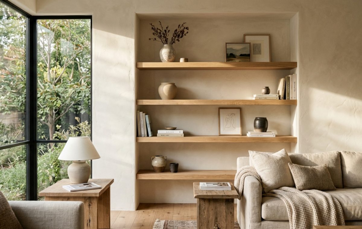 A recessed living room alcove featuring heavy duty floating shelf brackets supporting thick white oak shelves against a warm limewash wall.