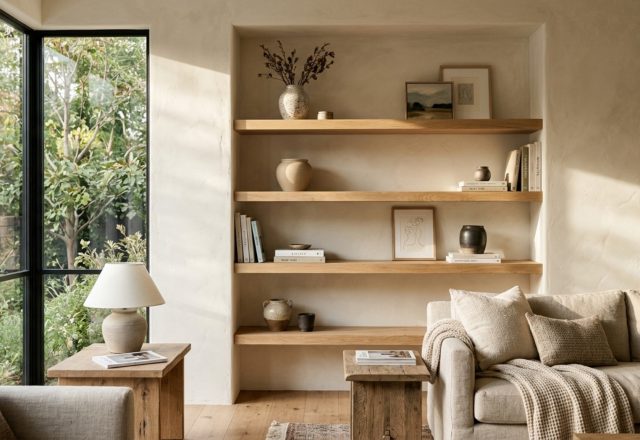 A recessed living room alcove featuring heavy duty floating shelf brackets supporting thick white oak shelves against a warm limewash wall.