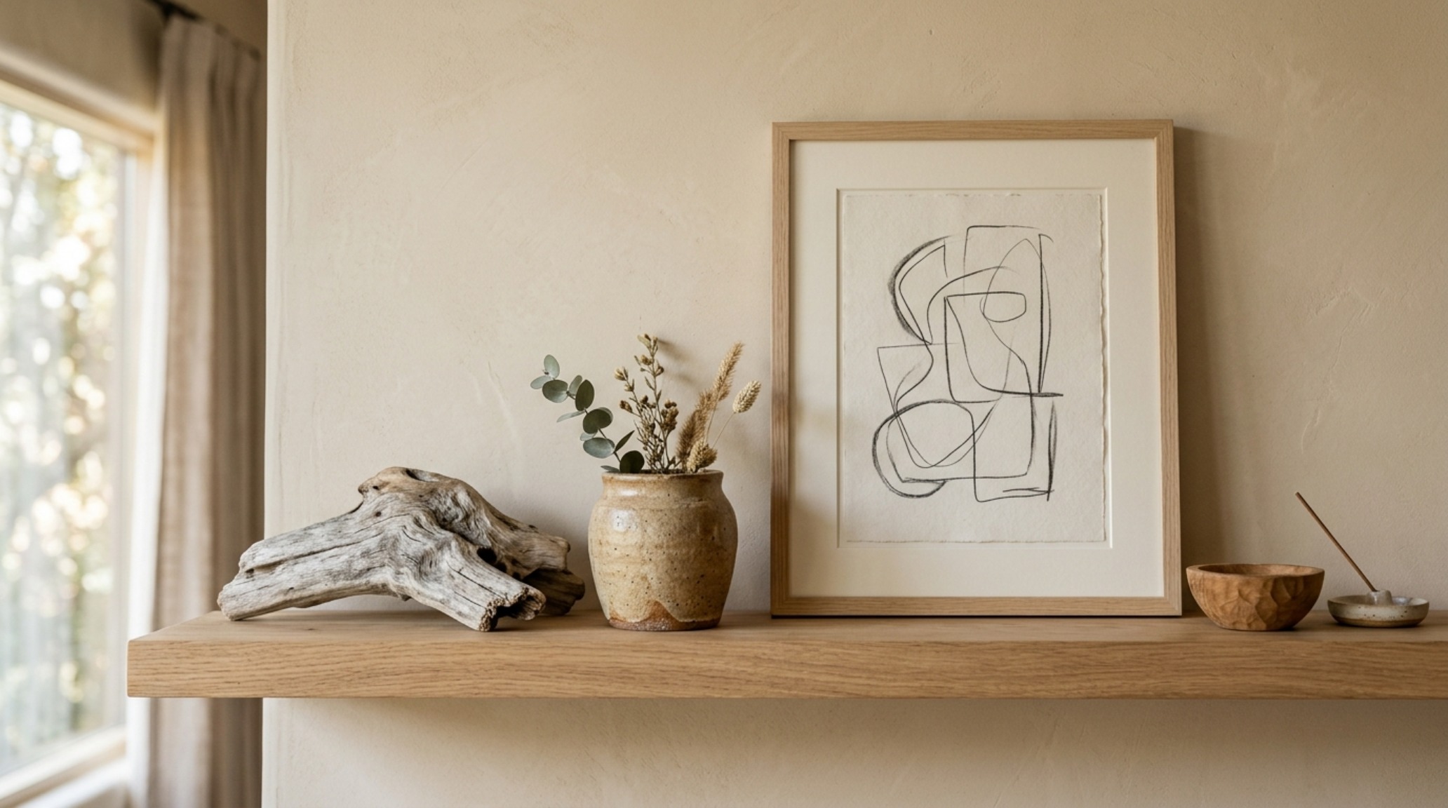 Modern floating shelf styling featuring a neutral color palette of Benjamin Moore Swiss Coffee and Farrow and Ball Setting Plaster walls.