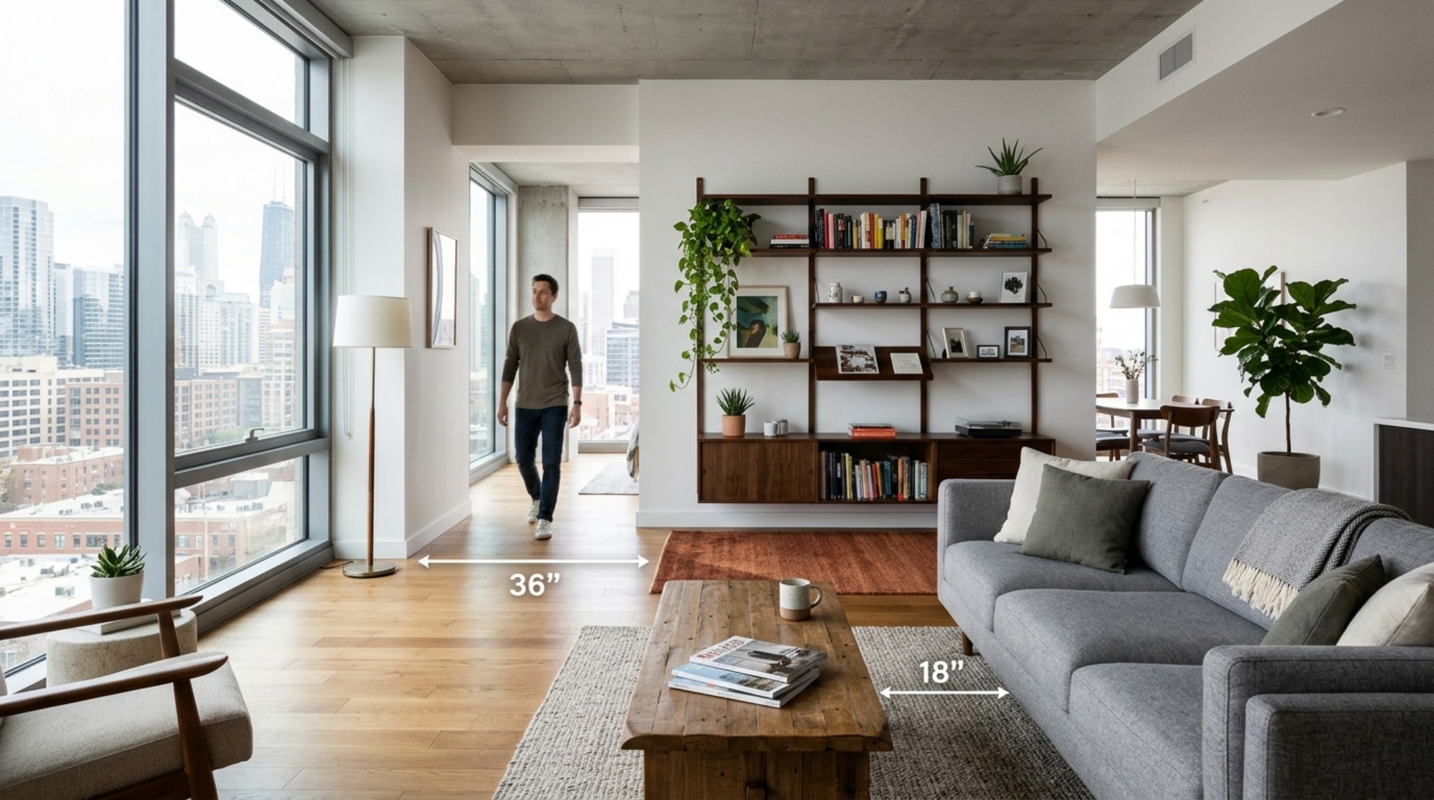 Wide-angle shot of a living room expansion using vertical storage to maintain a 36-inch primary circulation path while maximizing utility.