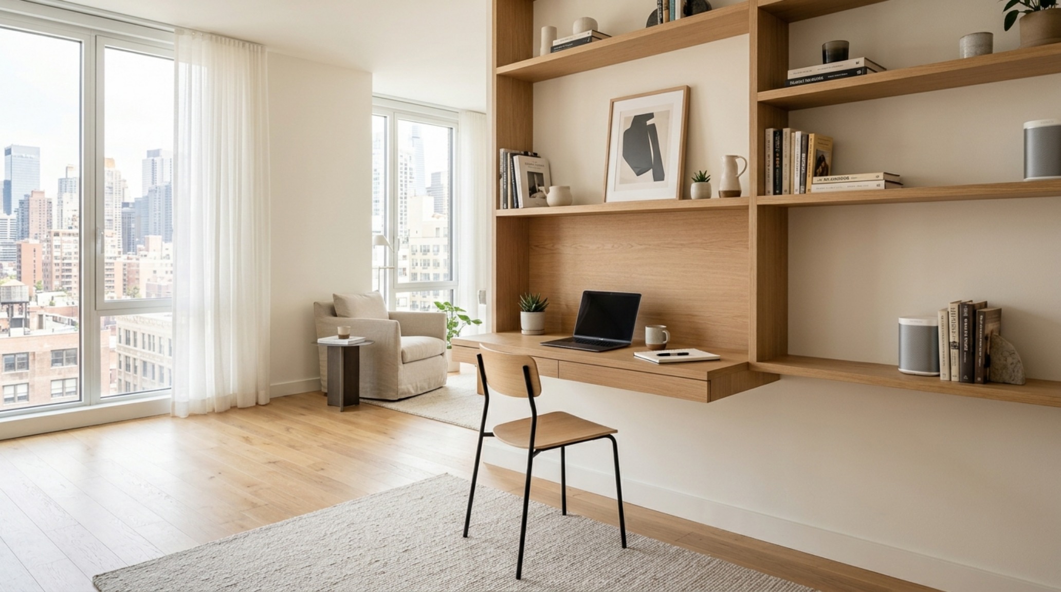Architectural view of living room floating shelves ideas with a built-in floating desk hybrid at 30-inch height in a compact urban apartment.